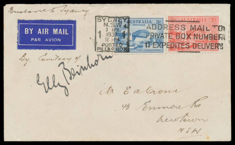 1931 (Dec 4) Germany-Australia #230 intermediate cover carried by German aviatrix Elly Beinhorn in her Klemm Swallow monoplane after arriving in Darwin on 22 March 1932 endorsed and signed "Brisbane to Sydney/By Courtesy of Elly Beinhorn" on face franked