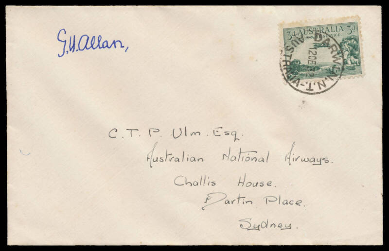 1932 (Dec) Bertram "Atlantis" Expedition Australia-Germany return flight per "Atlantis" intermediate Melbourne-Darwin #240 cancelled on arrival, signed 56 years later by the co-pilot "GU Allan"!, Cat $600. Only 12 carried. [The lot includes two small phot