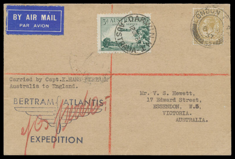 1932 (Dec) Bertram "Atlantis" Expedition Australia-Germany return flight per "Atlantis" intermediate Melbourne-Darwin #242 cancelled on arrival, large Expedition cachet & signed in red "H Bertram", five years later re-posted at London 8DE37 with Melbourne