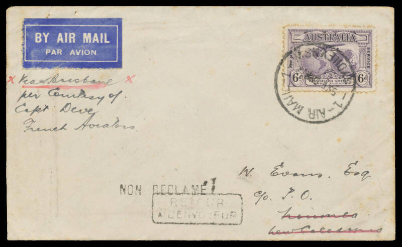 1932 (March 9) France-Australia-New Caledonia #254a intermediate cover to New Caledonia carried by French aviators Baron de Verneilh, ME Deve and E Munch in the Couzinet 33 'Biarritz' endorsed "Via Brisbane/per courtesy/of Capt Deve" with Kingsford Smith