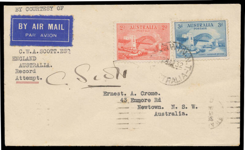 1932 (April 19) England-Australia #259 intermediate cover to Sydney (8 flown) endorsed 'BY COURTESY OF CWA SCOTT ESQ ENGLAND AUSTRALIA Record Attempt' carried after his record-breaking flight to Darwin signed "C Scott" on face franked with Sydney Harbour