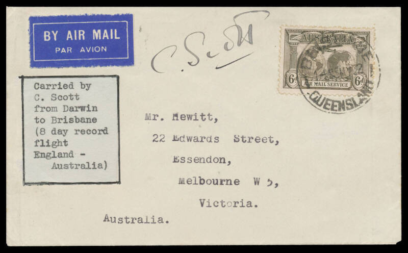 1932 (April 19) England-Australia #260 intermediate cover endorsed ''Carried by C Scott from Darwin to Brisbane (8 day record flight England-Australia)' immediately after his record-breaking flight to Darwin and signed "C Scott" on face, franked with Airm