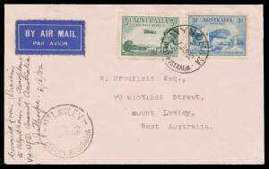 1932 (April 30) Perth-Perth #264 intermediate cover flown on Round-Australia flight endorsed and signed "Carried from Darwin to Wyndham in Aeroplane VH-UPD Around Australia JJ Thorpe" franked with Airmail 3d green and Sydney Harbour Bridge 3d blue tied 'W