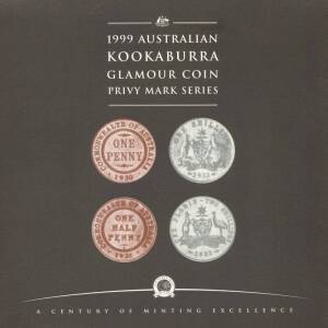 Kookaburra group: 1999 Privy Mark boxed set of "Glamour Coins" with 4 2oz proofs, 1923 ½d, 1930 1d, 1932 Florin & 1933 Shilling; 1991 Unc. & 1994 C'wealth Games Specimen 1oz coins; 1992 2oz Proof; 1994 1oz proof; 1999 1oz Pattern Nickel Penny proof; 2000/