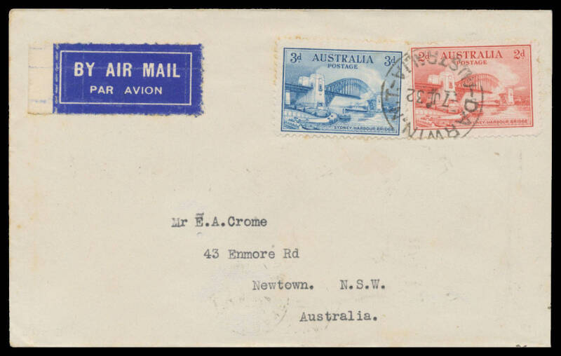 1932 (June 7) Australia-England #266 intermediate cover carried by JM Weir from Sydney to Darwin on his attempted flight to England signed "JM Weir 4.6.32" on back franked with Sydney Harbour Bridge 3d blue and 2d red tied 'DARWIN NT/7JE32/AUSTRALIA' date