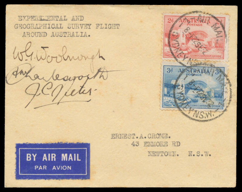 1932 (July) Sydney-Sydney #271 cover carried on RAAF survey flight led by Dr Woolnough endorsed 'EXPERIMENTAL AND GEOGRAPHICAL SURVEY FLIGHT AROUND AUSTRALIA' signed WG Woolnough and pilots AM Charlesworth and JC Miles on face, franked Sydney Harbour Brid