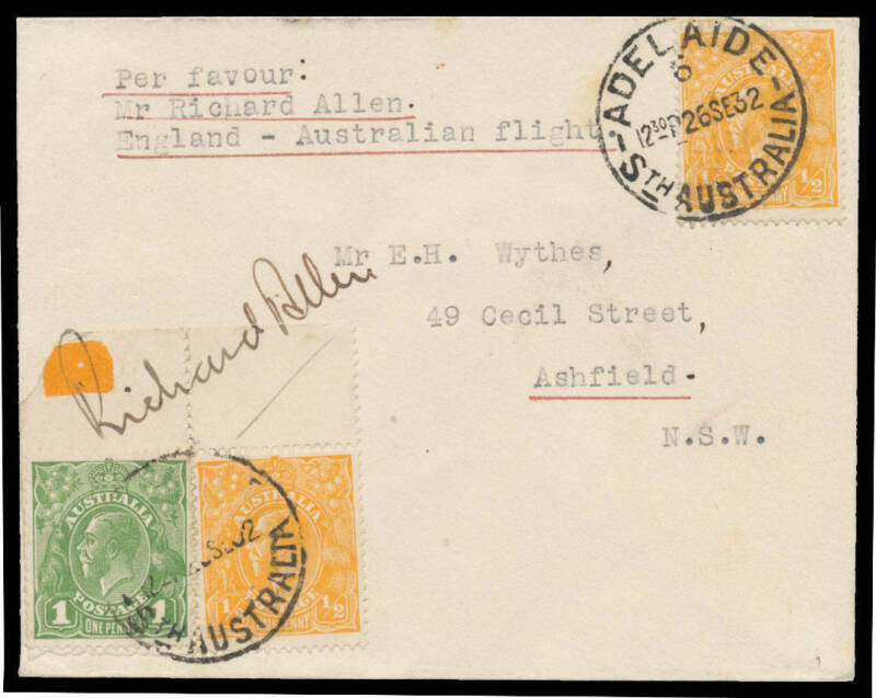 1932 (Aug 3) England-Australia #272/273 two covers carried by Richard Allen both signed on face, the first from England to Western Australia subsequently franked with Sydney Harbour Bridge 3d blue and 2d red tied 'WYNDHAM/20SE32/WESTN AUSTRALIA', the othe