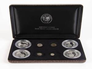 2000 Kookaburra proof Privy Mark cased set of 4, $2.00, 2oz "Ancient Coins". With Antoninianus Silver Privy, Byzantine Bronze Privy, English Silver Penny Privy and Silver Denar Privy, each with its relevant ancient coin. With 4 certificates, all numbered 