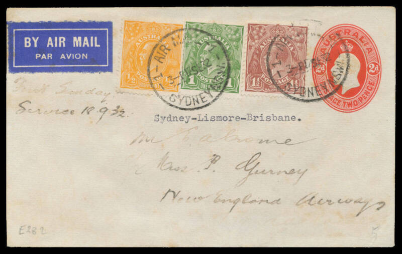 1932 (Sep 18) Sydney-Lismore (NSW)-Brisbane First Sunday Service per New England Airways #282 being a 2d Envelope uprated with KGV ½d 1d & 1½d, minor water damage, Cat $600. [Soon after leaving Lismore, the plane crashed at Myocum near Byron Bay, killing