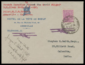 1932 (Oct 12) England-Australia #286b intermediate Hotel de la Tete de Boeff, Abbeville cover carried by French-Canadian pilot Jacques R Hebert from France to India endorsed "Around the World Flight" and signed by him on face with India KGV 1a3p purple ti