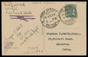 1932 (Oct 12) England-Australia #286a intermediate La Kouba du Belvedere, Tunis postcard endorsed and signed "Carried by DH Moth CF-ADC From Tunis to Calcutta/Jacques R Hebert Pilot Around the World Flight" with 'TUNIS/CALCUTTA' cachet and India KGV 9p gr
