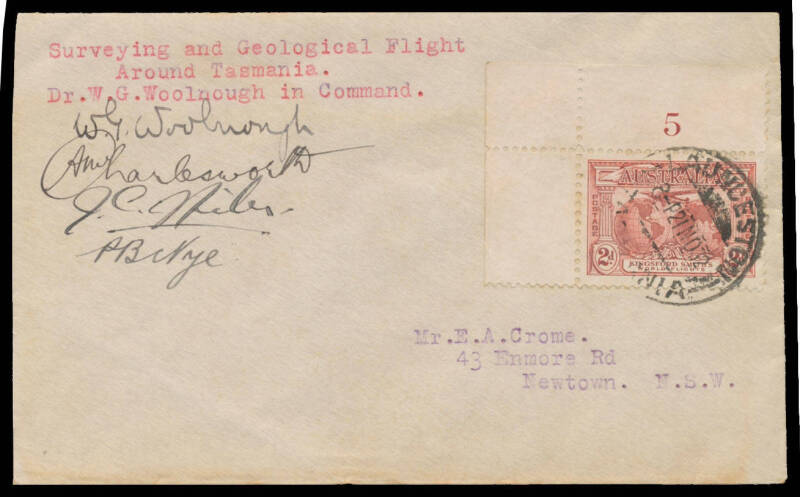 1932 (Nov 21) Woolnough Geological Expedition Survey Flight around Tasmania #295 with Kingsford Smith 2d single with Plate Number '5' (oxidised) tied by Launceston cds of 21NO32, signed by pilots "ANW Charlesworth" & "JC Miles" plus Expedition Leader "WG