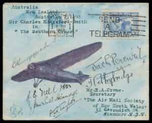 1933 (Jan 11) Australia-New Zealand-Australia #296/299a 'Southern Cross' cover hand-painted by EA Crome carried on the second trans-Tasman flight to New Plymouth (AAMC #296) and back to Sydney on the return flight on March 26 (AAMC #299a) so endorsed on b