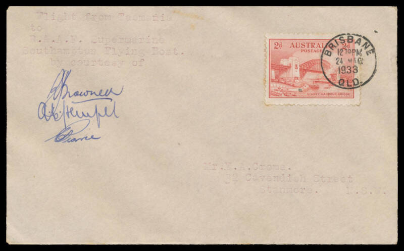 1933 (April 30) Hobart-Brisbane #298 cover carried on survey flight endorsed 'Flight from Tasmania to .../RAAF Supermarine Southampton Flying Boat by courtesy of ...' and signed by pilot "A Hempel" and two other crew members on face, franked Sydney Harbou