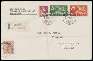 1933 (March 9) Switzerland-Australia #306 cover carried by Dr Carl Nauer endorsed 'Für den Flug "Schweiz-Australien" bestimmt' franked with Switzerland Airmails 20c green and 15c red and Tell 10c violet tied 'WANGEN/9III33/(ZÜRICH)' datestamps, Cat $800. 