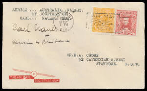 1933 (March 9) Switzerland-Australia #304 intermediate cover endorsed "Darwin to Brisbane" and 'ZURICH AUSTRLAIA FLIGHT/BY COURTESY OF/CARL NAUER' signed by pilot on face carried after his arrival with Sturt 1½d red and KGV ½d orange tied Brsibane '1933/1