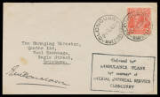 1933 (June 6) Cloncurry-Brisbane with boxed 'Delivered by/AMBULANCE PLANCE/by courtesy of/AERIAL MEDICAL SERVICE/CLONCURRY' cachet & signed by the pilot "EM Donaldson", minor blemishes. Unlisted & the only such cover we have seen.