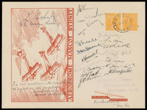 1933 (Sept 30) Mascot Aerial Derby #331 Aero Club of NSW large red illustrated card for distribution to officials and pilots only (50 issued) endorsed "This card was flown in the Aerial Derby and signed by all competitors" carried by T Pethybridge with KG