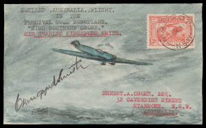 1933 (Oct 4) England-Australia #332 EA Crome hand-painted cover of Sir Charles Kingsford Smith's Percival Gull monoplane 'Miss Southern Cross' carried by him on the record-breaking 7 day, 4 hour, 47 minute flight signed "C Kingsford Smith" on face, franke