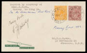 1933 (Dec 22) Sydney-Currie #349 cover flown by Nancy Bird and Charles Gatenby on the first direct flight to King Island signed by both pilots and franked with KGV 1½d brown and ½d orange tied 'CURRIE/28DE33/KING IS' on arrival, subsequently counter-signe