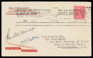 1934 (Jan 13) Third Trans-Tasman Flight Australia-New Zraland per "Southern Cross" #350 with 1d Admiral cancelled on arrival with New Plymouth slogan cancel of JA15 - 1934, signed by crew members John SW Stannage" & "PG Taylor", Cat $650.