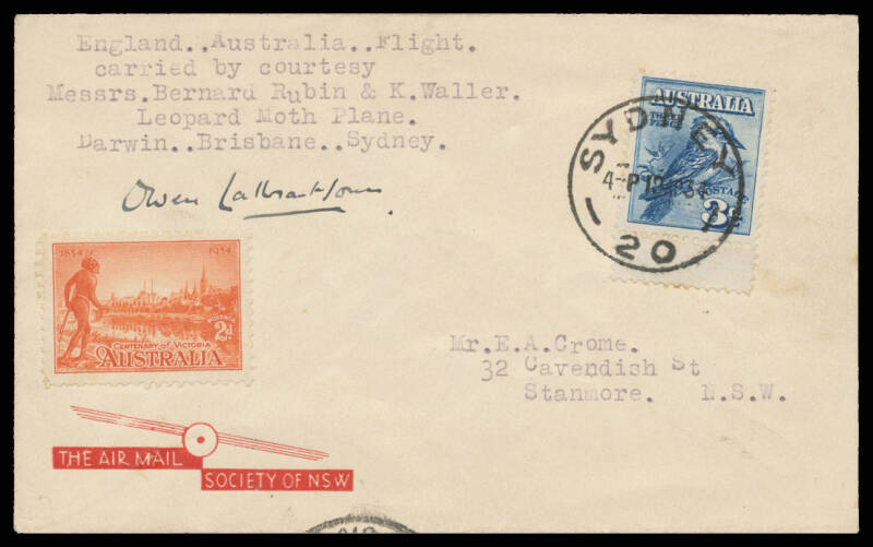 1934 (Apr) Darwin-Brisbane-Sydney extension of England-Australia survery flight for the Macrobertson Air Race #365a with 3d Kookaburra froma M/S tied Sydney arrival cds of 19AP34 & uncancelled Vic Centenary 2d, signed by "Owen Lalbratson" (?), Cat $400. [