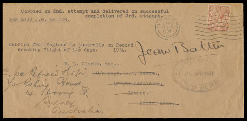 1934 (April 28) England-Australia #375/376 long cover flown by Miss Jean Batten in DH60M Moth G-AARB first on attempted flight abandoned at Rome and then subsequently again on her record-breaking solo flight by a woman arriving at Darwin on May 23 in 14 d