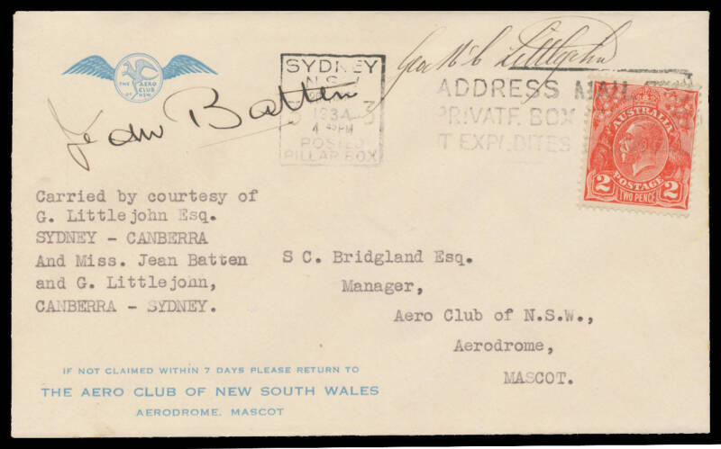 1934 (May 8) England-Australia #378 Aero Club of NSW cover flown by Miss Jean Batten in DH60M Moth G-AARB after her record-breaking solo flight endorsed 'Carried by courtesy of G Littlejohn Esq SYDNEY-CANBERRA/And Miss Jean Batten and G Littlejohn CANBERR