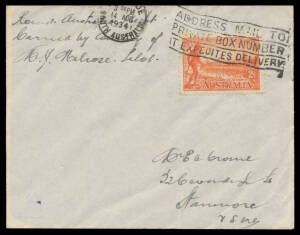 1934 (Aug 7) Adelaide-Adelaide #396 cover endorsed "Round Australia Flight Carried by Courtesy of CJ Melrose Pilot" with Victorian Centenary 2d orange tied Adelaide '14AUG/1934' cancel on return, Cat $1,750. [6 flown; James Melrose completed the flight in