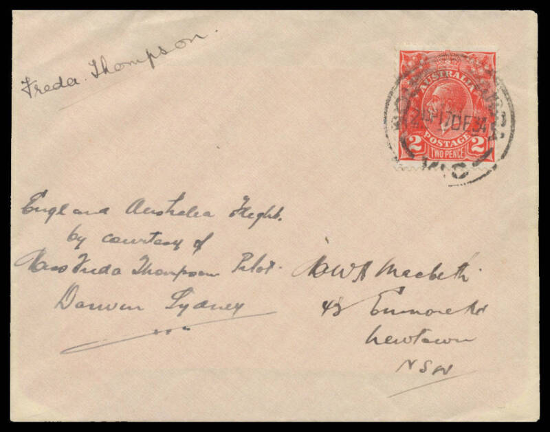 1934 (Sept 28) England-Australia #416 intermediate cover flown by Miss Freda Thompson in DH60G 111 Moth G-ACUC endorsed "England Australia Flight/Darwin-Sydney" with KGV 2d tied 'SOUTH YARRA/17DE34/VIC' on arrival signed by "Freda Thompson", Cat $650. [Fr