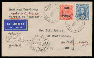 1934 (Oct) Commonwealth Aerial Geological Survey flight per "Southern Cross" #419 with 2d & 3d tied by 'PORT HEDLAND/10OC34/WA' cds & Ashfield (NSW) arrival cds of 18OC34, signed by the pilot "OB Hall", expedition leader "WG Woolnough" & two others, Cat $