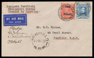 1934 (Sept) Sydney-Sydney #419 cover carried on Dr Woolnough survey flight in the Southern Cross endorsed 'Northern Territory Geological Survey Carried by Courtesy' signed WG Woolnough and pilot OB Hall and two crew members on face, franked Sturt 3d blue 