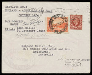 1934 (Oct 20) England-Australia #435 MacRobertson Air Race cover carried by entrants O Cathcart-Jones and KF Waller in their DH66 Comet signed by both pilots on face, franked with Great Britain KGV 1½d brown tied Cambridge '19OCT/1934' cancel and posted b