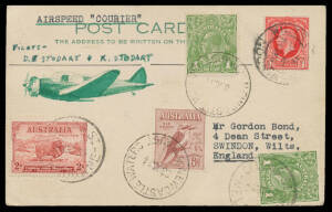 1934 (Oct 20) England-Australia #442 MacRobertson Air Race postcard with hand-illustration of plane carried by entrants D Stodart and K Stodart in their Airspeed AS5 'Courier' franked with Great Britain KGV 1d red tied 'SWINDON WILTS/18OC/34' datestamp, o