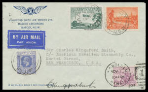 1934 (Oct 21) Australia-USA #455 cover flown by Sir Charles Kingsford Smith & PG Taylor in the Lockheed Altair 8D "Lady Southern Cross" on the first eastward crossing of the Pacific by air with 2d Vic Centenary and 3d Airmail tied 'MASCOT/18OC34/N.S.W' da