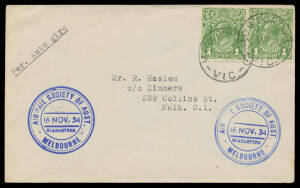 1934 (Nov 16) Melbourne-Portland cover per Autogiro #461a with KGV 1d x2 tied by 'MOO PORTLAND/16NO34/VIC' cds, Aerial Society of Australia dated cachet in blue, Cat $450; also the standard illustrated PPC #605 flown & unusually signed by the pilot "Frank