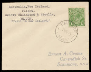 1934 (Nov 22) Australia-New Zealand flight per RG (Ray) Whitehead & ER (Rex) Nicholl in "Faith in Australia" #463, KGV 1d tied by Enmore cds of 19NO34, Cat $425. [Only 17 flown. See "Airmails of New Zealand Vol Two" for an entertaining account