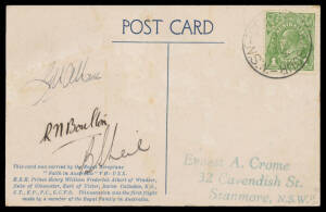 1934 (Nov 28) Sydney-Newcastle #466/467 'Faith In Australia' illustrated postcard originally flown Australia-New Zealand (AAMC #347) specially overprinted for the Royal Flight carrying the Duke of Gloucester as a passenger signed by crew GU Allan, RN Boul