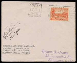 1935 (Jan 4) England-Australia delivery flight for Eastern Air Transport #483 with Vic Centenary 2d tied by Sydney arrival cancel of 2FEB/1935, signed by both pilots "D Collins" & "DS Wylie", minor blemishes, Cat $475. Only 6 carried.