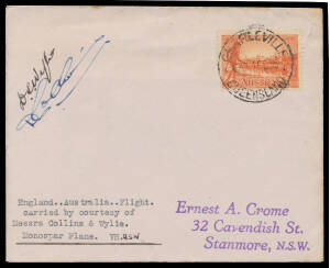 1935 (Feb 1) Charleville-Sydney being an intermediate stage on Eastern Air Transport Delivery Flight from England #483a, Vic Centenary 2d tied by 'CHARLEVILLE/1FE35/QUEENSLAND' cds, signed by both pilots "D Collins" & "DS Wylie", Cat $400. [Only 6 covers 