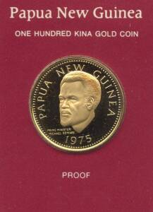 Papua New Guinea: 1975 100 kina proof, with a portrait of the Prime Minister, Michael Somare. Cased with certificate. 0.2769 AGW.