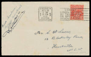 1935 (Feb 19) Canberra-Sydney #483b endorsed "First Canberra-/Sydney Air Mail" & signed by the pilot "D Collins", 2d cancelled on arrival at Sydney 20FEB/1935, Cat $300. [This should be a separate entry in the AAMC, following #492/a]