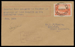 1935 (Feb 2) Adelaide-Wyndham #487d cover carried by Lord Sempill on his Australian Tour with violet 'LORD SEMPILL By Air from Adelaide to Wyndham via Perth & NW Coast' cachet and signed Sempill on face, franked with Victorian Centenary 2d orange tied 'WY