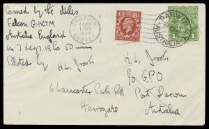 1935 (Mar 24) Darwin-England per Miles "Falcon" with KGV 1d tied by Darwin cds of 21MR35 & Croydon (GB) arrival cancel of 1APR/1935, signed by the pilot "HL Brooks", Cat $400. [85 carried]