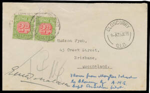 1935 (June 29) Aerial Medical Service cover endorsed "Flown from Mornington Island to Cloncurry by AMS..." unstamped cover with superb 'CLONCURRY' cds, mss "T4d" & Postage Due 2d pair cancelled on arrival at Brisbane, signed by the pilot "EM Donaldson", m