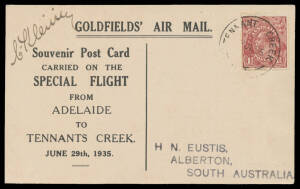 1935 (June 29) 'GOLDFIELDS AIR MAIL' souvenir postcard per Commercial Aviation Co #508 with 1½d brown tied by 'TENNANT CREEK/2JL35/N.T' cds, signed by the pilot "C Kleinig", undercatalogued at $125. [Only 48 carried: this is #40]