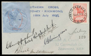 1935 (July 18) Mascot Aerodrome-Richmond Last Flight of the "Southern Cross" with imperforate vignette at upper-left and signed by "C Kingsford Smith", his wife "Mary Kingsford Smith", "PG Taylor", "B Sheil", "John SW Stannage", "John Ulm" & "CG Srimgeour