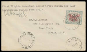 1935 (Sep 1) Papua-Northern Territory per RAAF Flying Boat Survey Flight #524, Papua 3d tied by 'DARU/1SE35/PAPUA' cds, Port Moresby transit of 26SP35 & 'DARWIN NT/27NO35/AUSTRALIA' arrival b/s, signed by the pilot "AC Hempel", minor blemishes, Cat $600. 