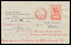 1935 (Oct 30) Adelaide-Port Lincoln & Port Lincoln-Adelaide per Adelaide Airways #553 & 554, both endorsed "No air mail service between Adelaide & Pt Lincoln. Posted contrary to Section 102 of Post & Telegraph Act"