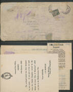 1935-39 Crash Mail group comprising "City of Khartoum" #575 long envelope from Switzerland with contents & advisory leaflet from Sydney GPO; "Scipio" #623 to London with 'DAMAGED BY WATER' h/s; "Athena" advisory leaflet from Sydney GPO; and "Cygnus" #782a - 3